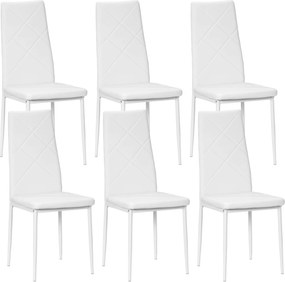 HOMCOM 6 darabos Kárpitozott Magas Háttámlás Étkezőszék Szett, Konyhai Székek Műbőr Gyémánt Mintázattal, Csúszásmentes Talpakkal és Acél Lábakkal, Étk