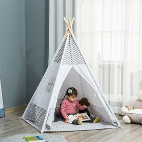 HOMCOM Gyermek Teepee Sátor 3 Év Felett Fából Készült Gyerek Tipi Ablakkal, Szőnyeggel és Hordtáskával Belső és Külső Használatra 120x120x155 cm Szürk