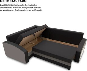 Grande sarokkanapé polcokkal , polc a jobb karfaban, baloldali, szövet anyag, hab töltet, fekete - szürke