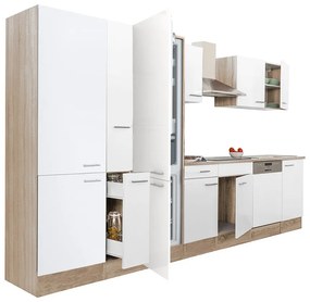 Yorki 370 konyhabútor sonoma tölgy korpusz,selyemfényű fehér fronttal polcos szekrénnyel és alulfagyasztós hűtős szekrénnyel