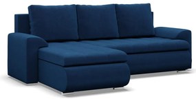 Tokio sarokkanapé, 2 ágyneműtartóval, bársony, baloldali, kék