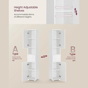Keskeny fürdőszoba szekrény, fiókkal, állítható polcokkal, fehér, 30x30x170 cm