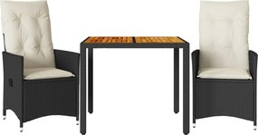 vidaXL 3 részes fekete polyrattan és akácfa bisztrószett párnákkal