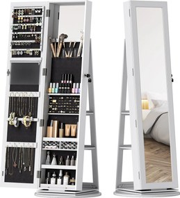 HOMCOM 360°-ban Forgó Ékszertartó Tükörszekrény, Kulccsal Zárható Ékszertartó, Teljes Magasságú Tükör 3 Polccal a Háton és 2 Fiókkal, 55x55x161 cm, Fe
