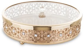 Elegáns magasfényű sárgaarany színű kerek fém üveg fedeles ékszertartó ládika 9x25,5x25,5cm