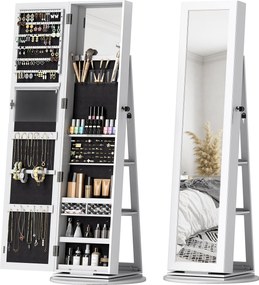 HOMCOM 360°-ban Forgó Ékszertartó Tükörszekrény, Kulccsal Zárható Ékszertartó, Teljes Magasságú Tükör 3 Polccal a Háton és 2 Fiókkal, 55x55x161 cm, Fe