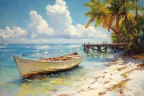 Vászonkép Canvas Tájkép Óceán Tengerpart Pálmafák Kikötő Móló Csónak 120x80