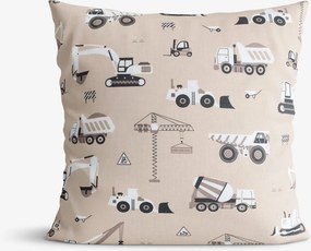 Goldea gyerek pamut párnahuzat - teherautók és markolók bézs alapon 50 x 70 cm