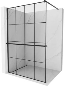 Mexen Kioto +, zuhany paraván polccal és törölközőtartóval 140 x 200 cm, 8mm üveg átlátszó üvegmintás fekete, fekete profil, 800-140-121-70-77