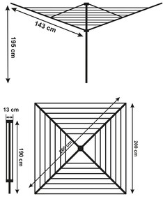 Erga Garden 5000, szabadon álló 4 karos kerti ruhaszárító 200x200x195 cm, ezüst-piros, ERG-SEP-10SUSOGRGAR50