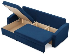 Zeus sarokkanapé, 2 ágyneműtartóval, döntött kartámasz, bársony, univerzális oldal, bonell töltet, kék