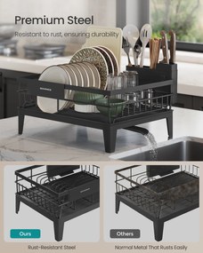 Edényszárító állvány, 360°-ban forgatható és kihúzható lefolyóval, fekete