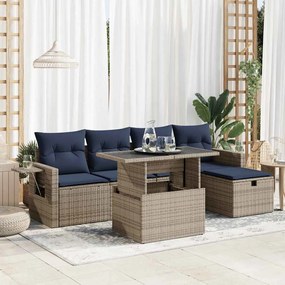 6 részes szürke polyrattan akácfa kerti ülőgarnitúra párnával
