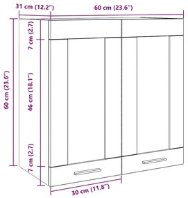 konyhai fali szekrény üvegajtóval kézműves tölgy 60x31x60 cm