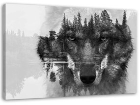 Gario Vászonkép Fekete farkas a háttérben erdő és tó absztrakt Méret: 60 x 40 cm