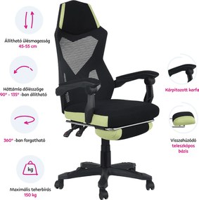 Irodai/gamer szék, fekete/zöld, teherbírás 150 kg, JORIK