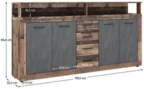 Kombinált komód, old star dark sötét tölgy/ grafit, LUNYSA