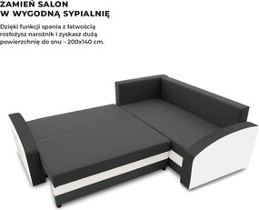 Grande sarokkanapé polcokkal , polc a bal karfaban, jobboldali, szövet anyag, bonell töltet, szürke - fehér