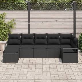 7 darabos kerti kanapé szett párnákkal fekete poly rattan, 2 személyes kerti kanapé párnákkal fekete poly rattan