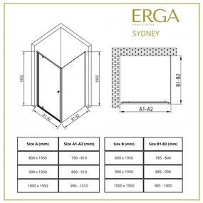 Erga Sydney, zuhanykabin egyszárnyú ajtóval 80 (ajtó) x 90 (fal) x 195 cm, 6mm átlátszó üveg, fekete profil, ERG-V02-SYDNEY-D080G090-BK