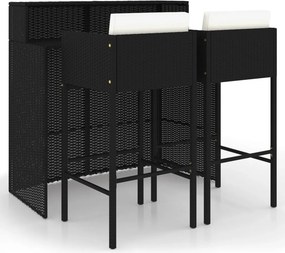 vidaXL 3 részes fekete polyrattan kültéri bárszett párnákkal