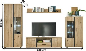 Nappali fal/szekrénysor, artisan tölgy/fekete, KANODE
