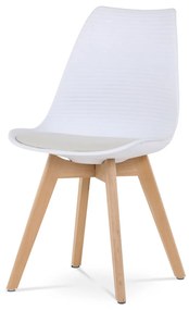 Scaun de sufragerie scandinav, carcasă din plastic alb, pernă de scaun din material alb, picioare din fag natural solid