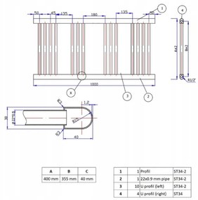 Erga Puerto, fűtőelem 500x1400 mm, 609W, fekete matt, ERG-PUERTO/1400/500/455/BLACK