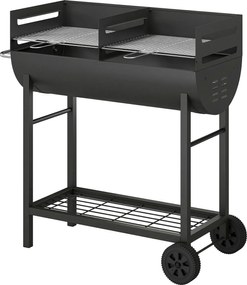 Outsunny faszenes grillkocsi két sütőzónával, állítható rostélyokkal, fa polccal és kerekekkel – hordozható grill (103 x 46,5 x 100 cm) Fekete | Aosom