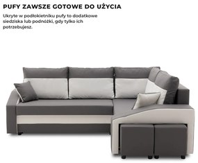 Grande sarokkanapé polcokkal és puffokkal , polc a bal karfaban puffok a jobb karfaban, jobboldali, szövet anyag, hab töltet, szürke - fehér