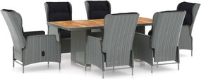 vidaXL 7 részes világosszürke polyrattan kültéri étkezőszett párnákkal