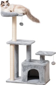 PawHut 114cm Magas Macska Kaparófája Macska Torony Sziszálos Oszlopokkal 3 Platformmal Kényelmes Ház és 2 Lógó Labda Világosszürke | Aosom