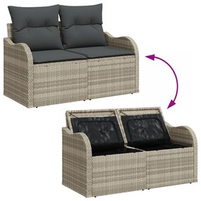 3 darabos kerti kanapészett párnákkal Világosszürke Poli Rattan, 2 személyes kerti kanapé tárolóval és párnákkal Világosszürke Poli Rattan