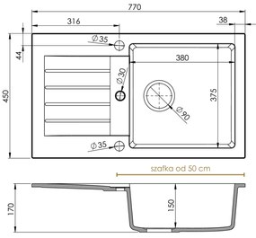 Mosogató Quality Natalie, konyhai gránit mosogató 770x450x170 mm + króm szifon, fekete foltos-BROKÁD, SKQ-NAT.B.1KDO.X