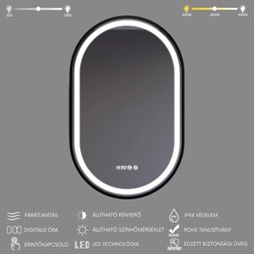 Ovális LED tükör fekete kerettel 50x80cm | Páramentesítő - Óra - Fényerő és színhőmérséklet szabályozás | Welland Type-3T
