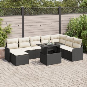 9 Darabos Kerti Sofa Szett Párnákkal Fekete Poly Rattan, 2-Személyes Kerti Sofa Tárolóval és Párnákkal Fekete Poly Rattan