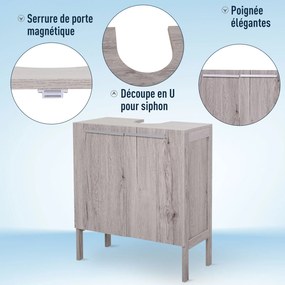 HOMCOM Fürdőszoba Mosdószekrény - Aláhúzószekrény - 2 Ajtós Korpusz Polccal - Méretek: 60L x 30W x 70H cm - Szürke Fa Hatású MDF | Aosom