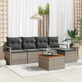 6 darabos kertiszófa készlet párnákkal szürke poli rattan akáccal, 2-személyes kertiszofa tárolóval és párnákkal szürke poli rattan