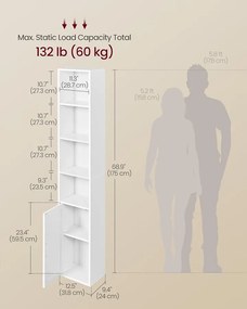 Könyvespolc, 6-szintes Magas Könyvespolc ajtóval,  24 x 31,8 x 175 cm, Felhőfehér