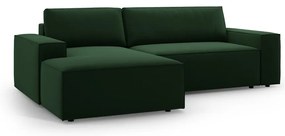 Sötétzöld bársony kinyitható-tárolóhelyes sarokkanapé (bal oldali-heverő résszel) Jodie – Micadoni