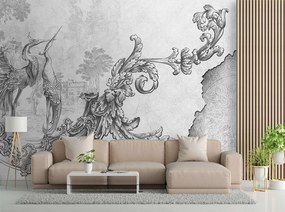 Gario Fotótapéta Vadmadarak és levelek keleti freskón, fekete-fehér Anyag: Vlies, Méret: 350 x 245 cm