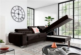 Sötétbarna bársony kinyitható-tárolóhelyes sarokkanapé (jobb oldali-heverő résszel) Grayson – ELTAP