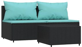 3 részes fekete polyrattan kerti ülőgarnitúra párnákkal