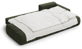 Zöld bársony kinyitható-tárolóhelyes sarokkanapé (jobb oldali-heverő résszel) Linz – Cosmopolitan Design