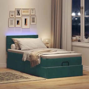 sötétzöld bársony ottomán ágy matraccal &amp; LED-ek 90x200 cm