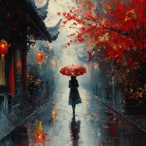 Vászonkép Canvas Nő Esernyő Keleti Utca Ősz Köd 80x80