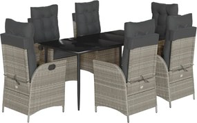 vidaXL 7 részes világosszürke polyrattan kerti étkezőszett párnával