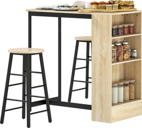 HOMCOM Bárasztal Szett Bárasztallal és Bárszékekkel, Konyhai Pulttal 2 Bárszékkel és Lábpihentetővel, Modern Konyhai Asztal 4 Állítható Polccal, Tölgy