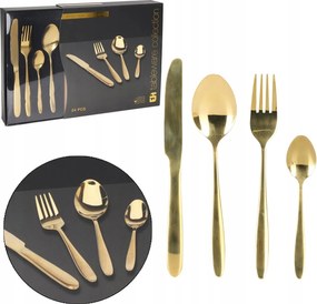 Arany színű evőeszköz készlet 6 személy részére, 24 darabos. Glamour evőeszközök díszdobozban.