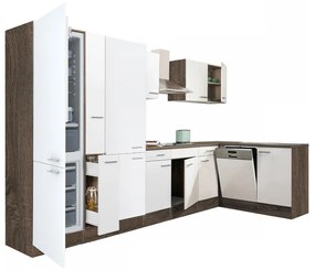 Yorki 370 sarok konyhablokk yorki tölgy korpusz,selyemfényű fehér fronttal polcos szekrénnyel és alulfagyasztós hűtős szekrénnyel